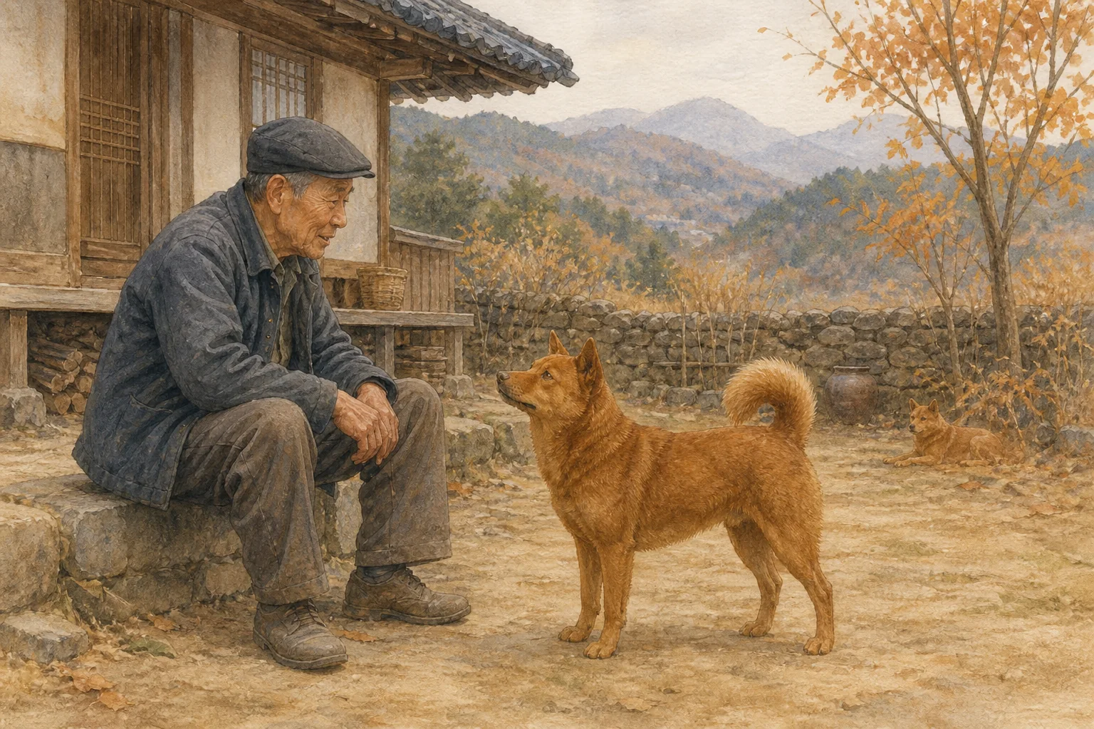 경북 영주의 산자락 마을에서 붉은 불개와 보존자가 마주 보는 모습을 그린 편집 수채화