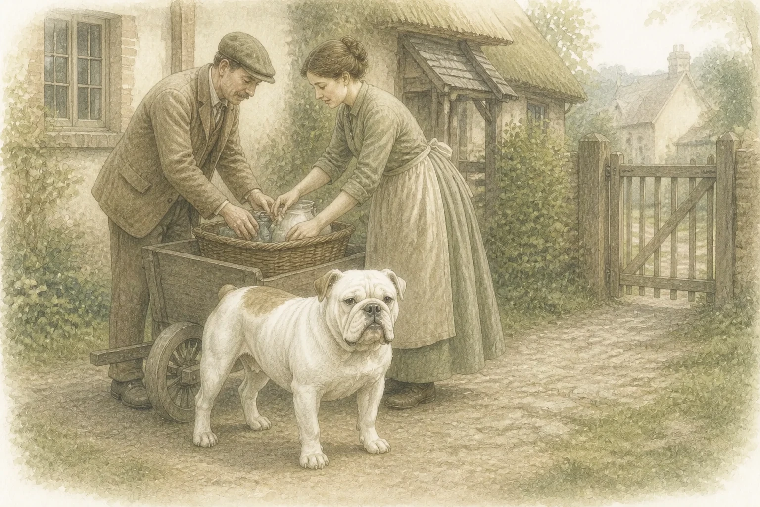 해로운 경기가 사라진 뒤 영국 가정의 마당에서 사람 곁에 머무는 불독의 변화를 보여주는 역사 삽화