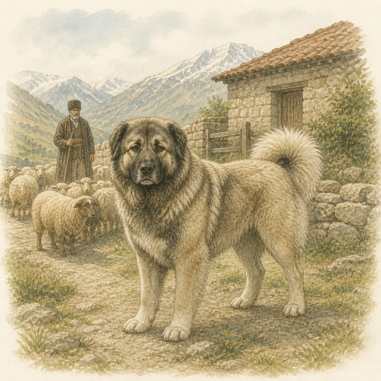 코카서스 산악 목초지에서 가축과 거주지 경계를 지키는 거대한 성견 코카시안 셰퍼드 삽화