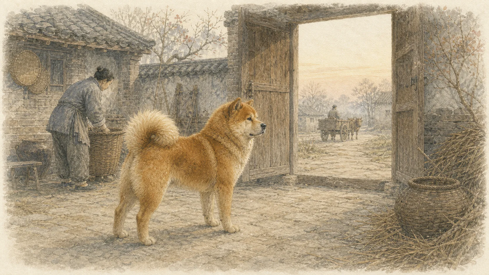 중국 북부의 집 안뜰에서 열린 대문 밖의 변화를 차분히 살피는 붉은 성견 차우차우 삽화