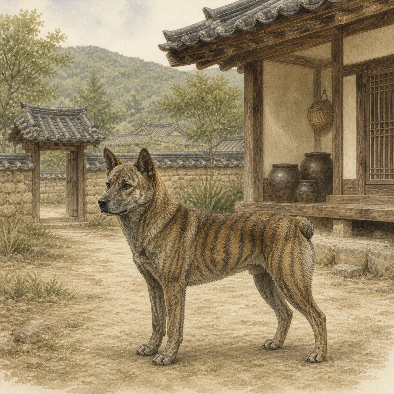 경주의 옛 마을길에서 사람 곁을 걷는 꼬리가 짧은 동경이 삽화