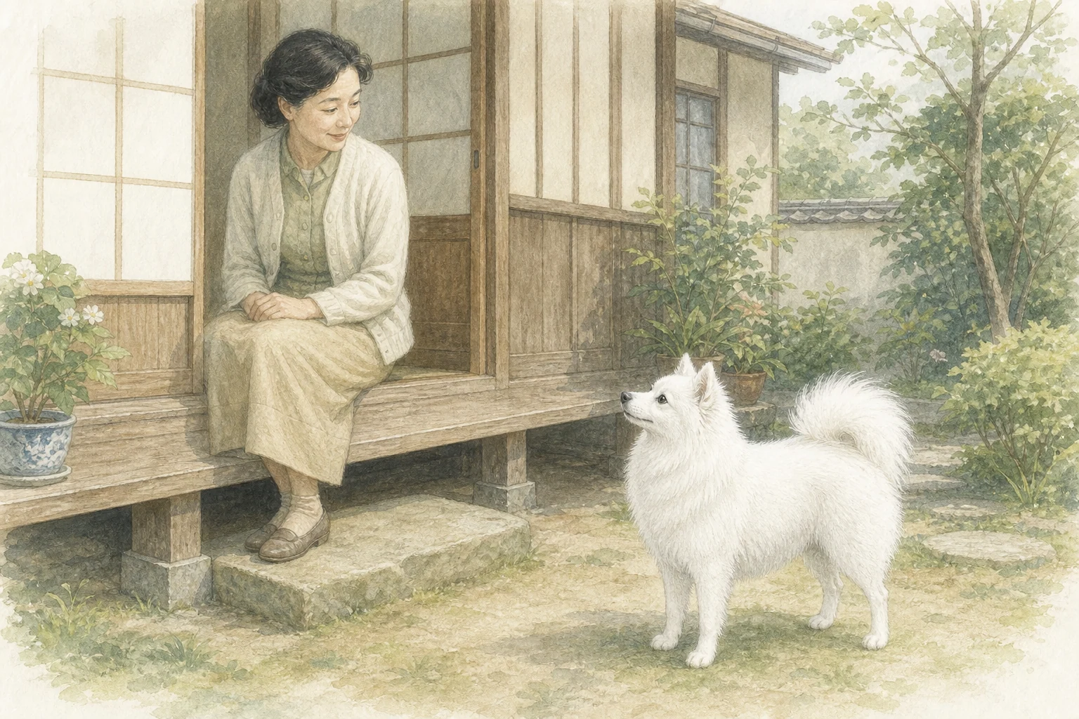 일본식 주택 마당에서 사람 곁에 서 있는 흰 재패니즈 스피츠 삽화