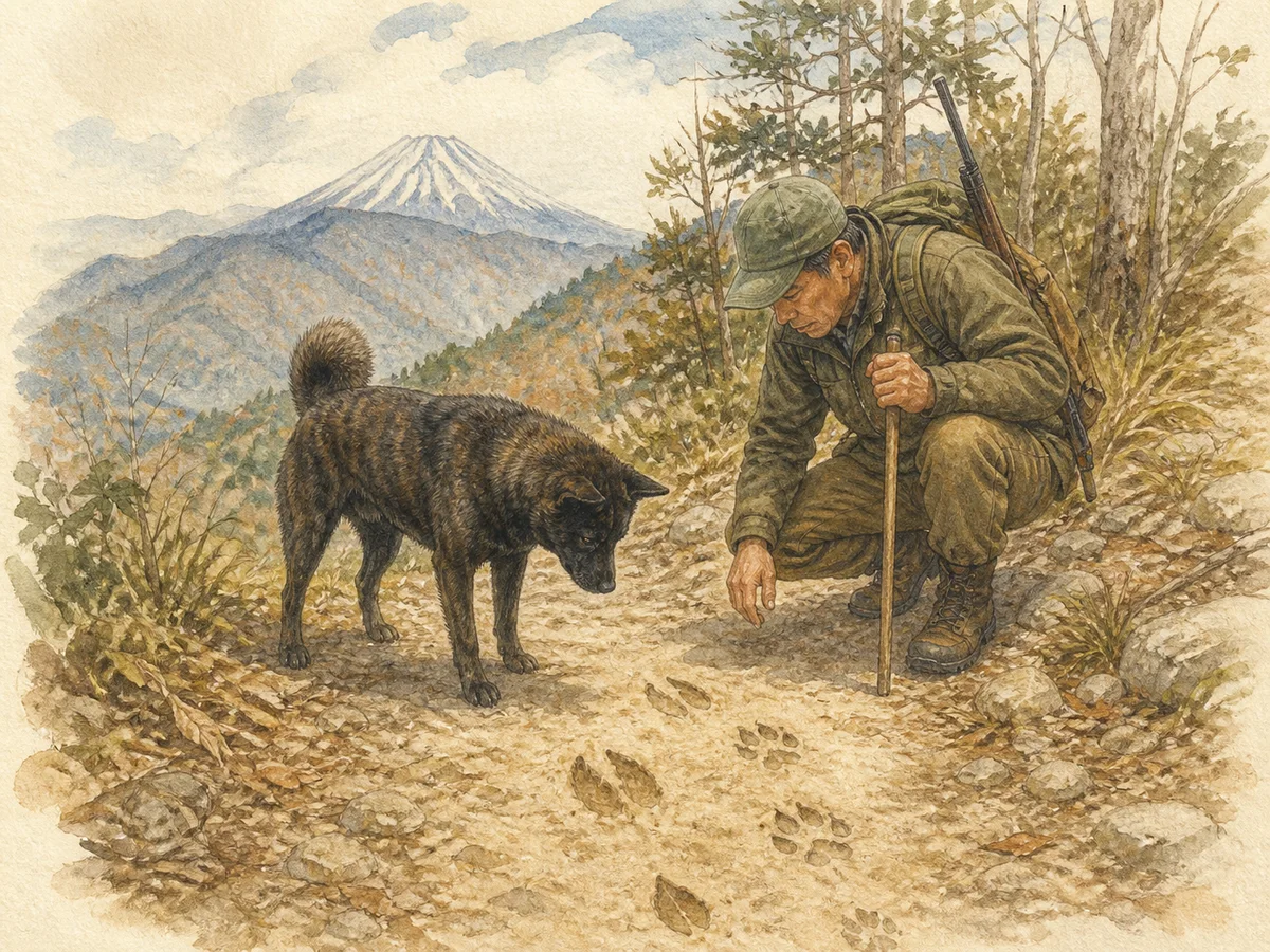 야마나시 산길에서 멧돼지와 사슴 발자국만 살피며 사냥꾼 곁에 선 검은 줄무늬 성견 카이견 역사 삽화