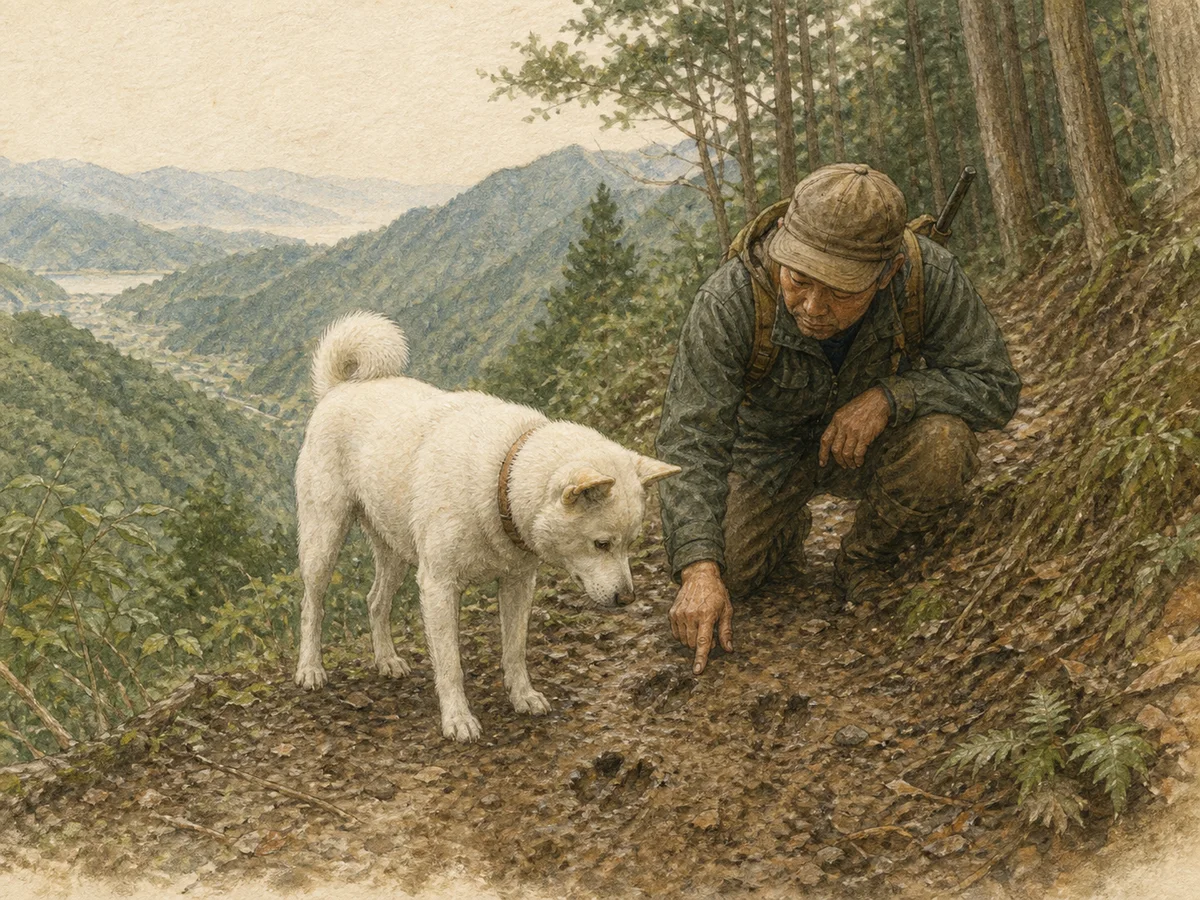 기이 반도 산길에서 멧돼지 발자국만 확인하며 사냥꾼 곁에 선 흰 성견 키슈견 역사 삽화