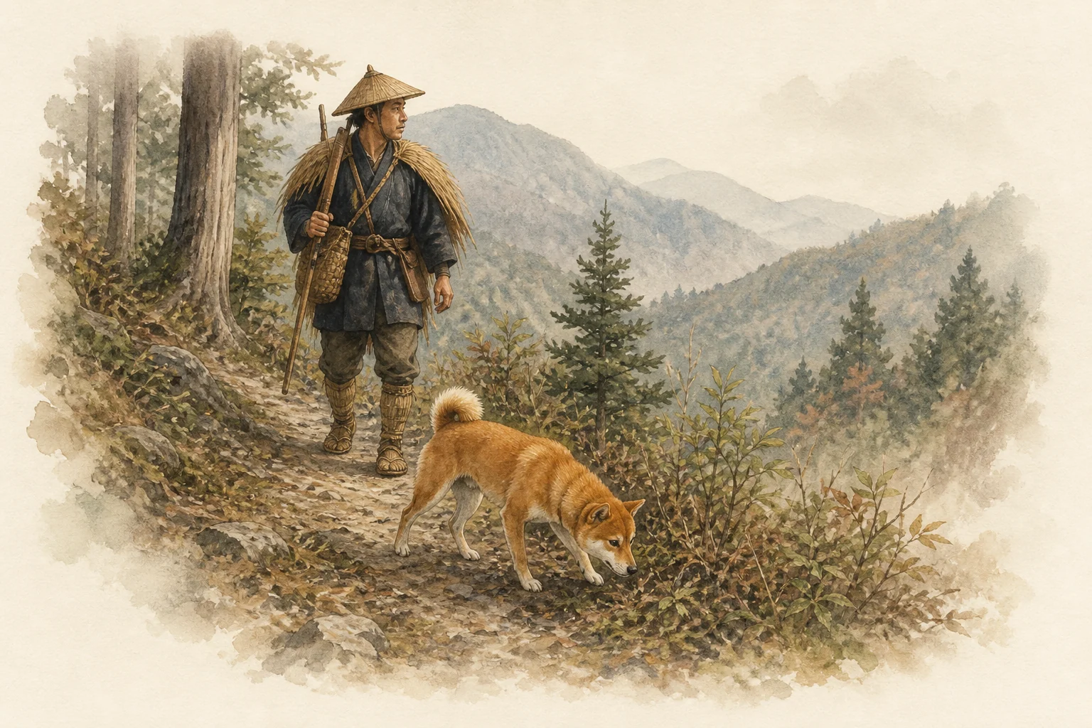 일본 산지에서 사냥 동반자로 움직이는 시바를 그린 편집 수채화