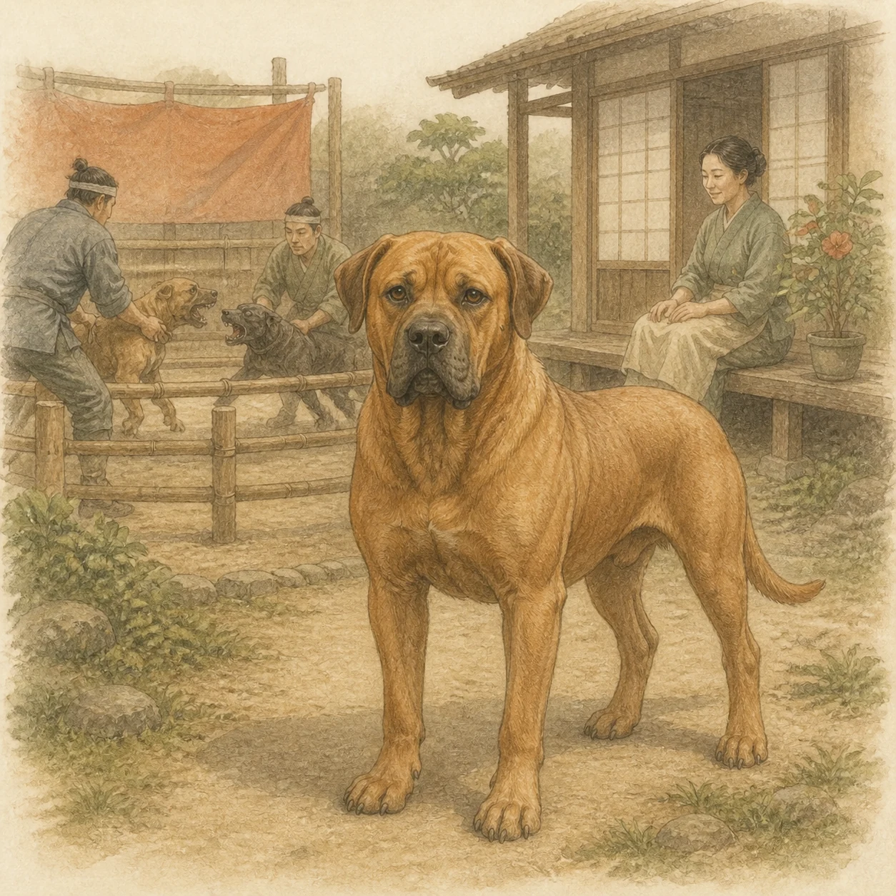 일본 도사 지역의 전통 마당에 선 성견 도사 역사 삽화