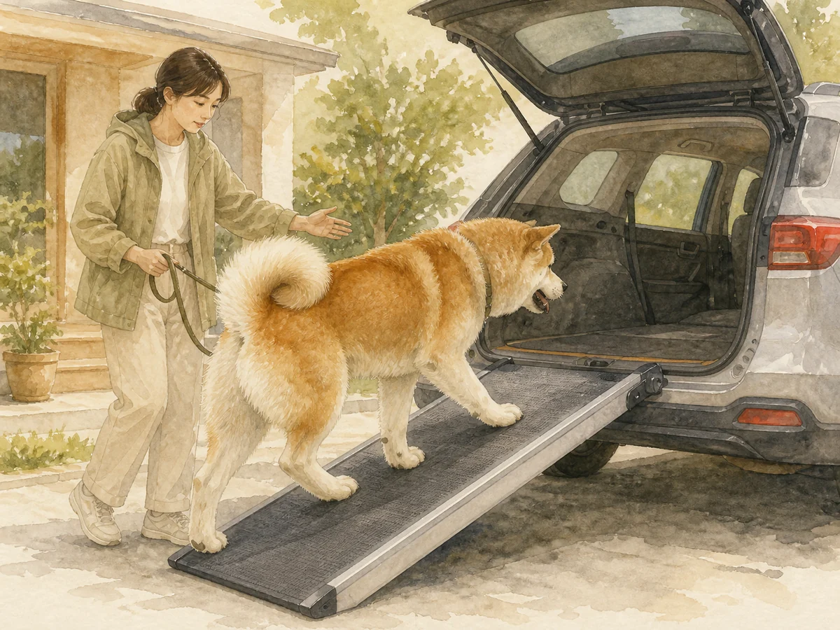 보호자와 함께 넓은 미끄럼 방지 경사로를 이용해 차량에 오르는 적색 성견 아키타 삽화