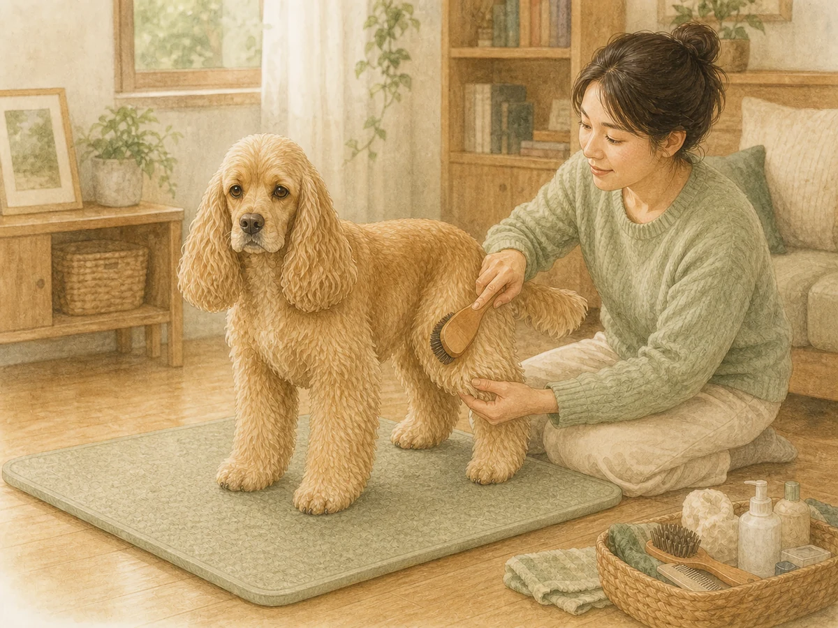집 안 미끄럼 방지 매트에서 보호자가 황금색 성견 아메리칸 코커 스패니얼의 전신 장식털을 빗는 삽화