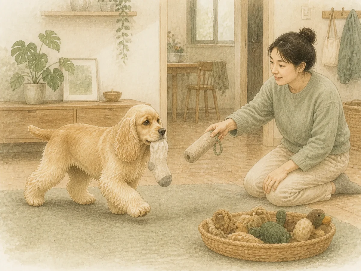 집 안 양말을 물고 다니는 황금색 성견 아메리칸 코커 스패니얼에게 보호자가 장난감 바구니의 부드러운 회수 도구를 건네는 삽화