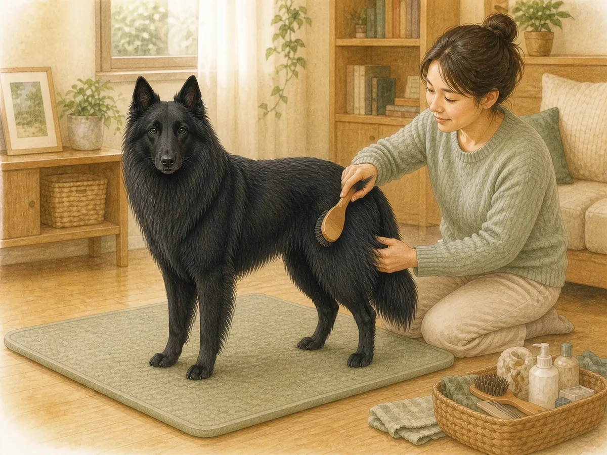 보호자가 검은 장모 성견 그로넨달의 전신 털을 구역별로 나누어 빗는 삽화