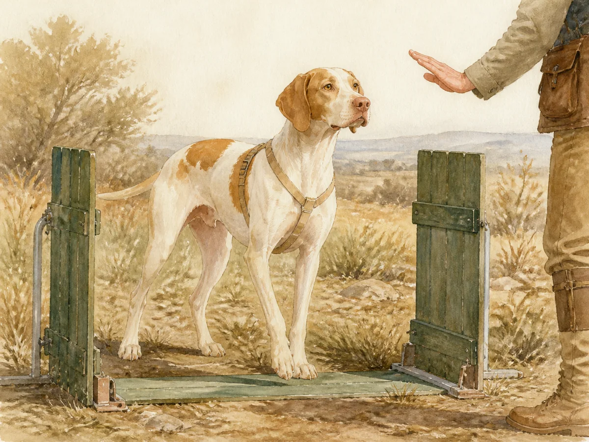 열린 출발선 앞에서 보호자의 조용한 손짓을 보고 선택하는 성견 브라크 생제르맹 삽화
