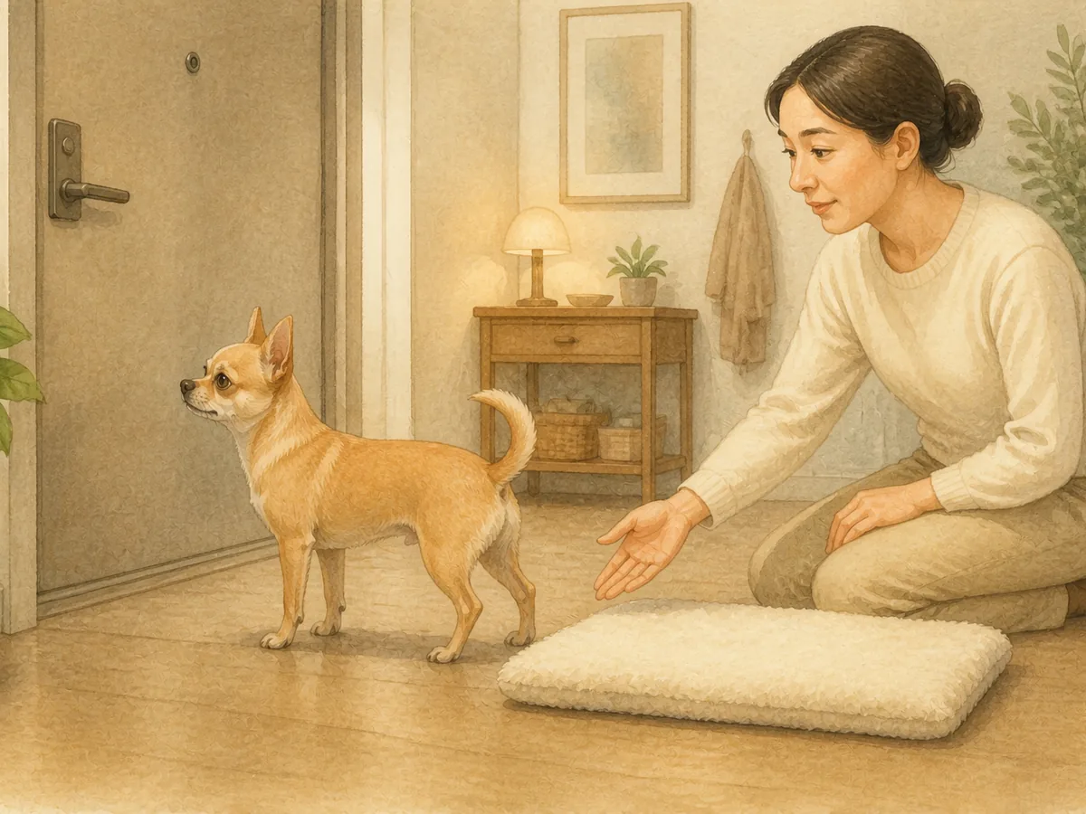 닫힌 현관문 소리를 알아차린 뒤 보호자의 손짓을 따라 매트로 돌아오는 성견 치와와 삽화