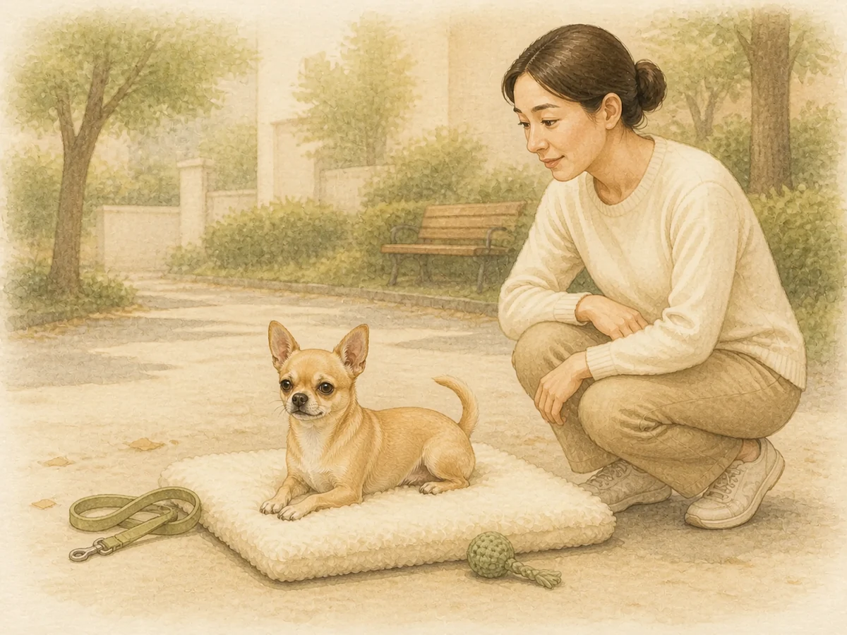 보호자와 일상 활동을 마친 뒤 편안한 리듬으로 전환하는 성견 치와와 삽화