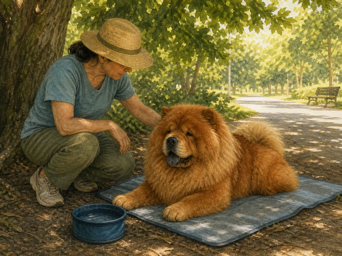 이른 아침 공원의 깊은 그늘에서 물그릇과 냉감 매트 곁에 편안히 쉬는 붉은 성견 차우차우 삽화
