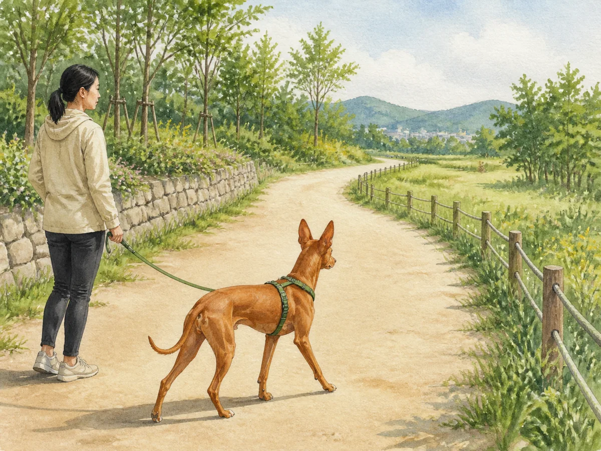 넓은 길에서 작은 동물과 곡선으로 거리를 두는 황갈색 성견 치르네코 델에트나 삽화