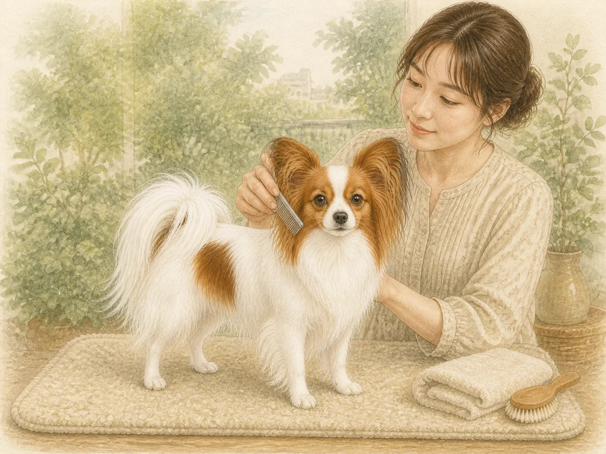 보호자가 성견 파피용의 큰 귀 뒤와 가는 장식털을 부드럽게 빗는 삽화
