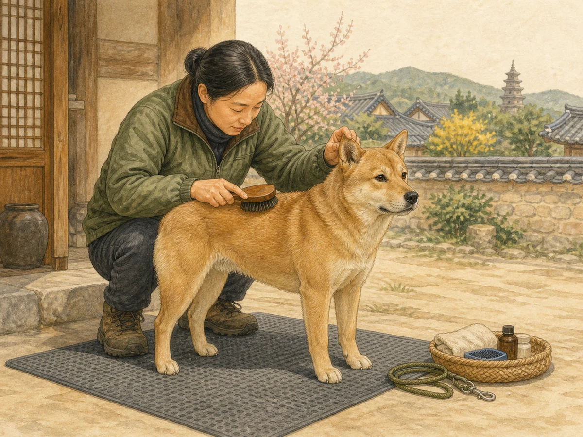 보호자가 서 있는 동경이의 허리와 뒷다리와 짧은 꼬리 주변을 확인하는 삽화
