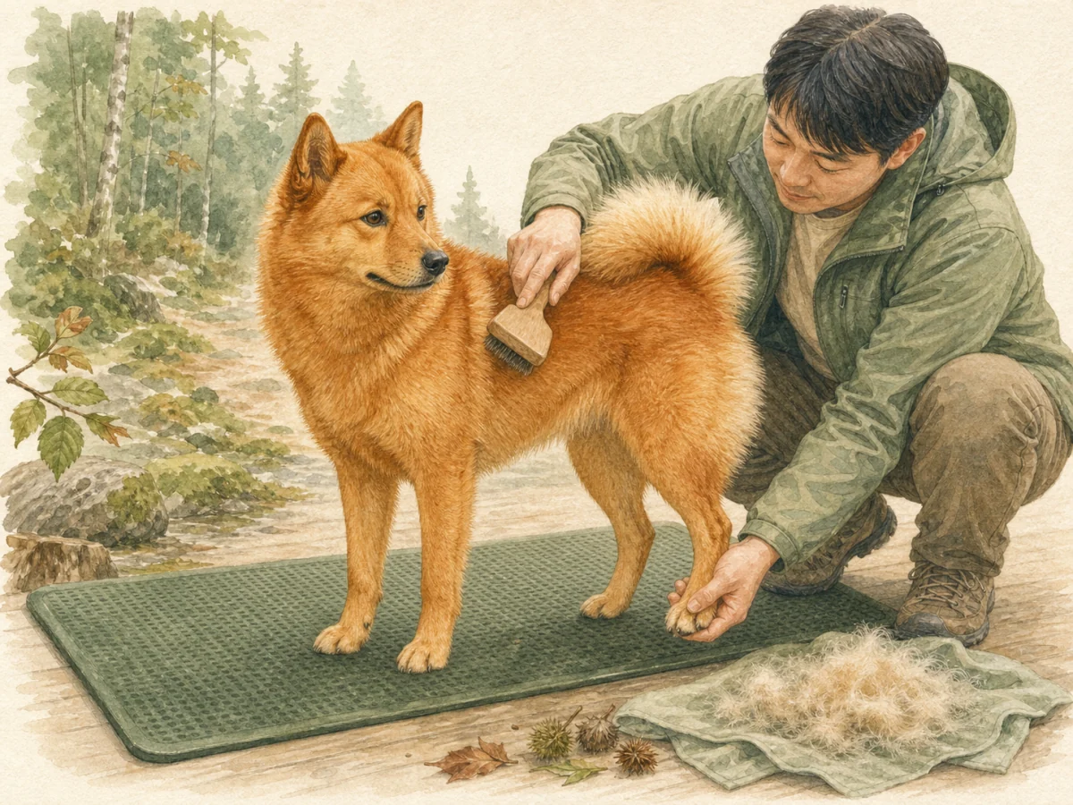 미끄럼 방지 매트에서 보호자가 붉은 성견 핀니시 스피츠의 이중모를 빗고 발가락의 이물질을 확인하는 삽화