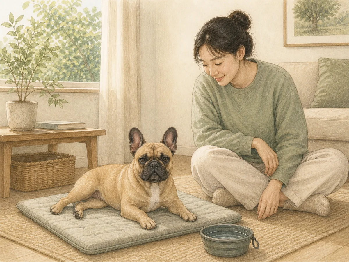 보호자와 일상 활동을 마친 뒤 편안한 리듬으로 전환하는 성견 프렌치 불도그 삽화