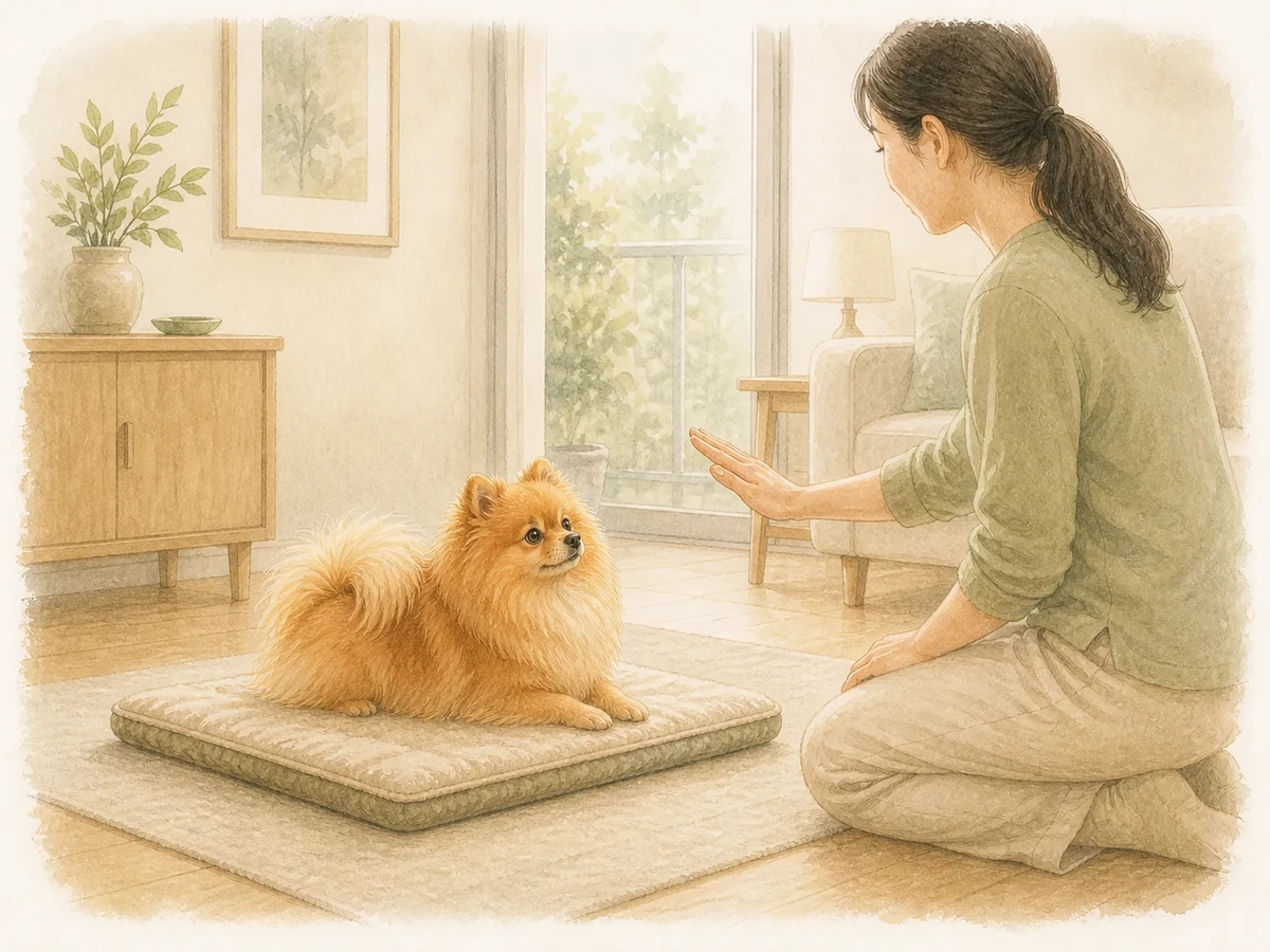 거실의 낮은 매트에 엎드린 주황색 성견 포메라니안이 보호자의 손짓을 바라보는 삽화