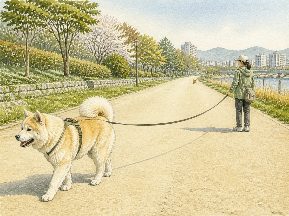 넓은 길에서 다른 개와 충분한 거리를 두고 걷는 성견 그린란드 도그 삽화