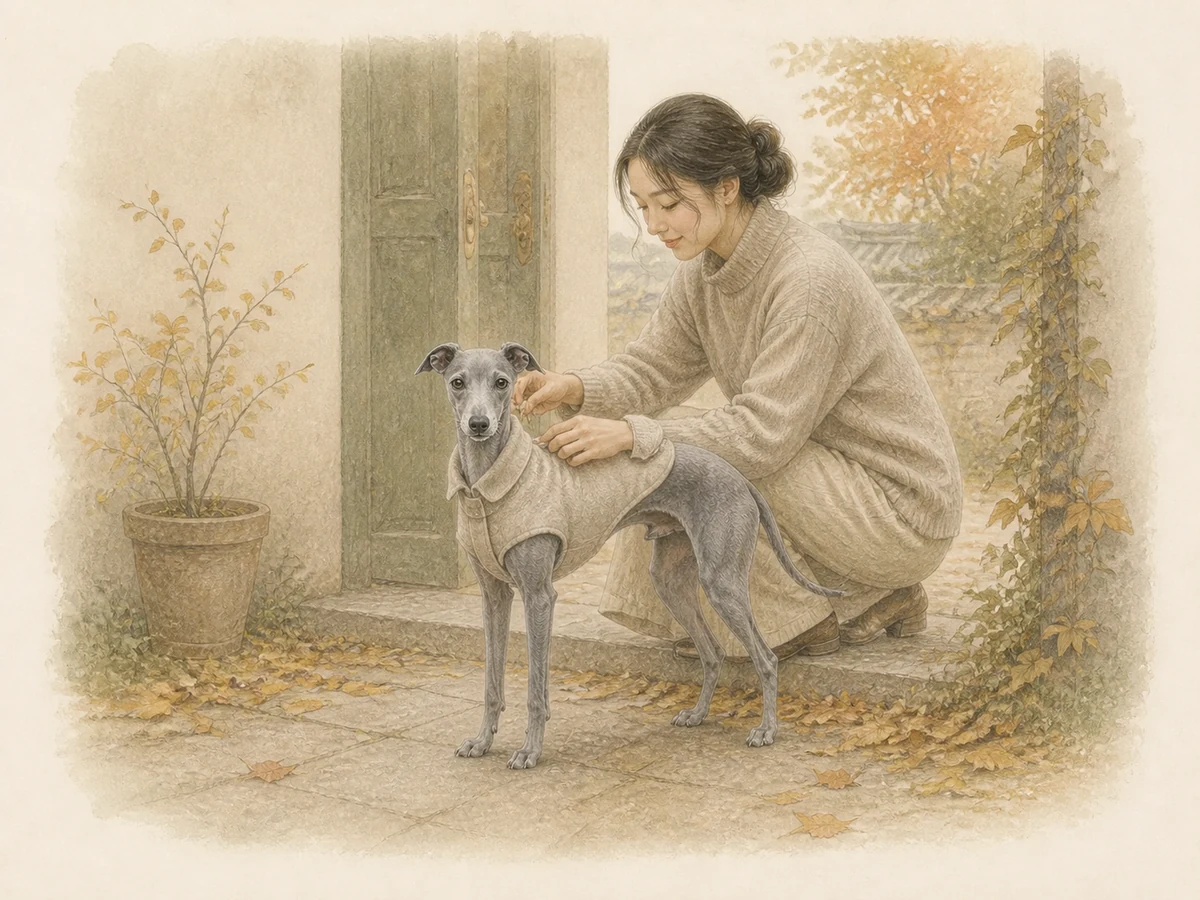 가을 산책 전 보호자가 성견 이탈리안 그레이하운드에게 가벼운 보온 옷을 입히는 삽화