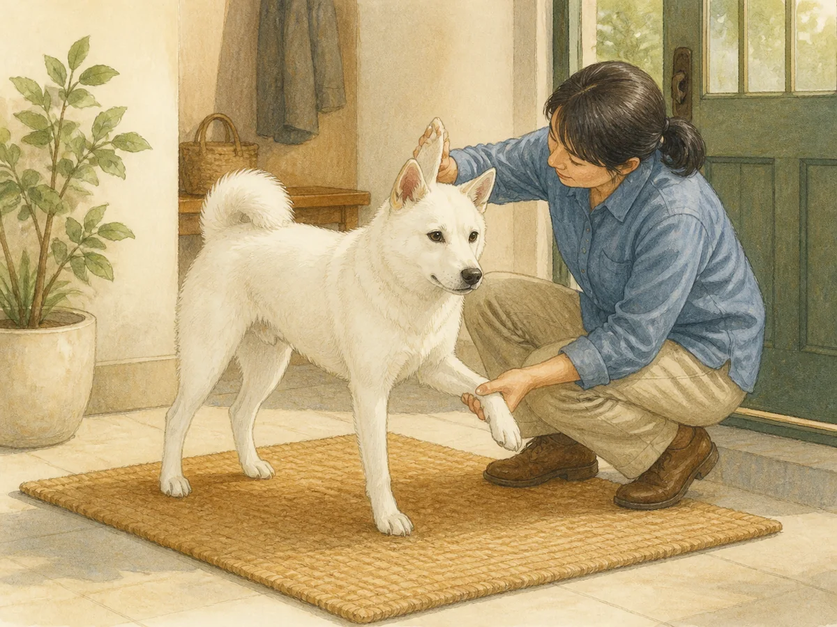 밝은 현관에서 보호자가 흰 성견 키슈견의 귀 가장자리와 발가락 사이를 살피는 삽화