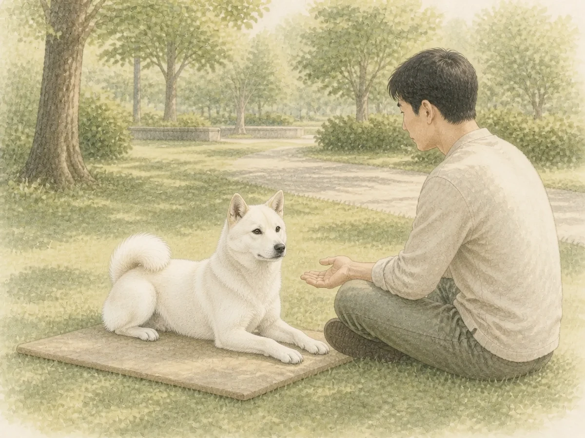 공원의 매트에 누운 백색 성견 진돗개와 편안한 거리를 두고 마주 앉은 보호자 삽화