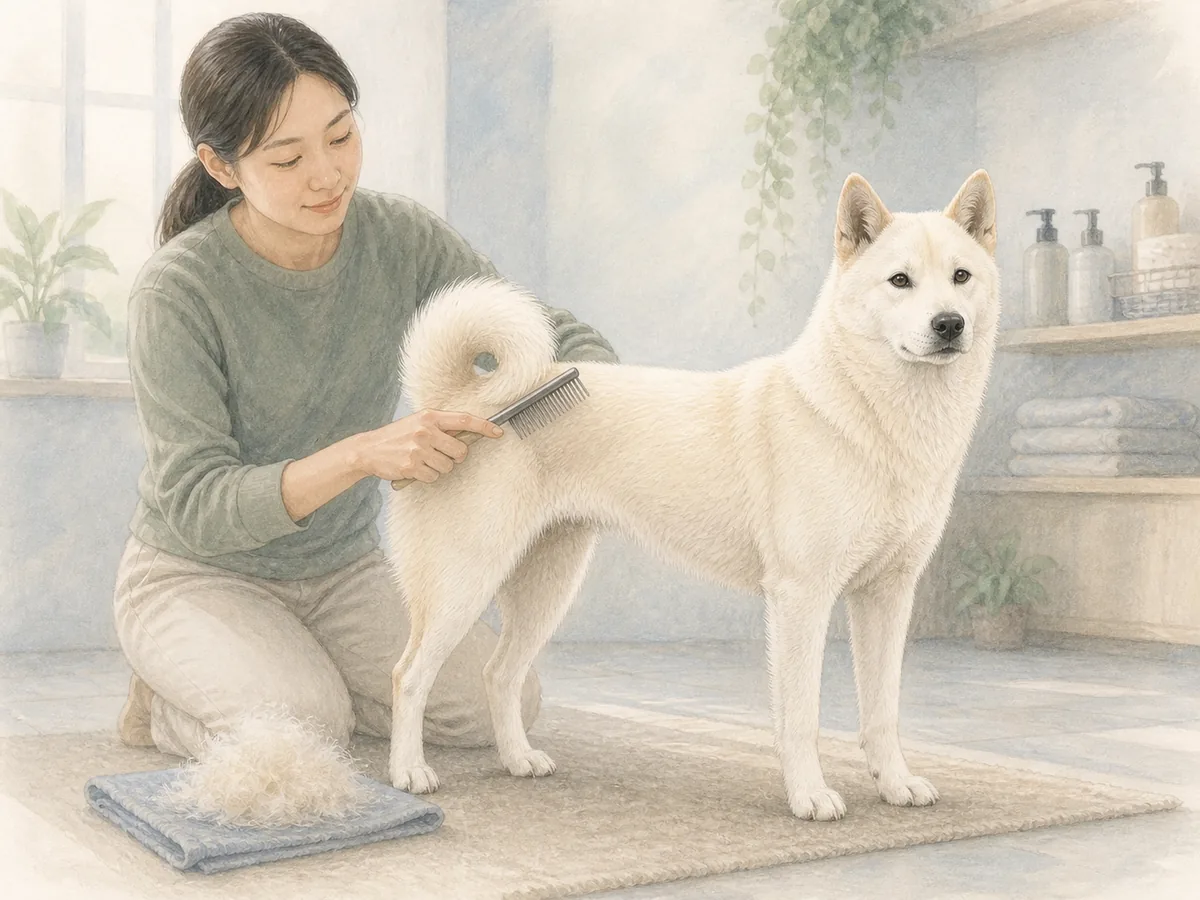 밝고 선선한 실내에서 보호자가 백색 성견 진돗개의 빠진 속털을 빗으로 정리하는 삽화