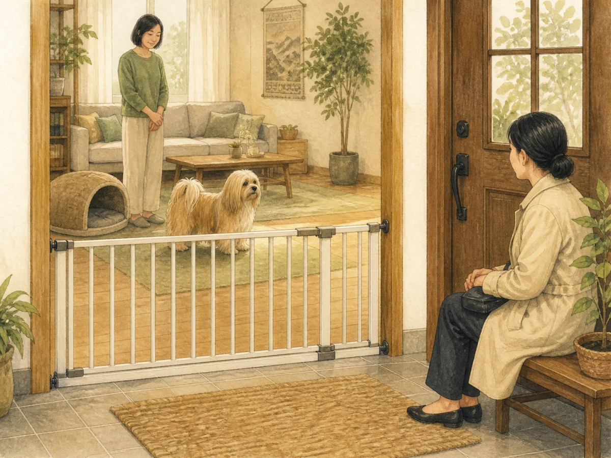 닫힌 안전문 안쪽에서 보호자와 함께 머물고 현관에 옆으로 앉은 방문객과 거리를 둔 장모 성견 라사압소 삽화