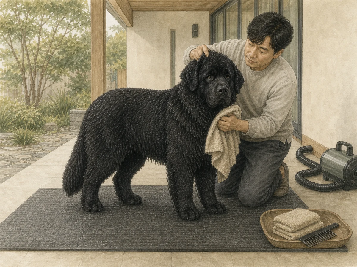 덮인 현관의 큰 미끄럼 방지 매트에서 보호자가 검은 성견 뉴펀들랜드의 젖은 속털을 수건과 낮은 바람으로 말리는 삽화