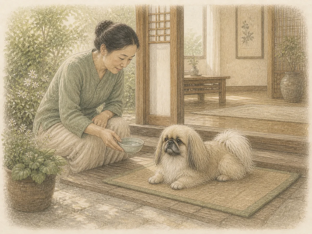 그늘진 공간의 쿨매트에서 보호자와 함께 쉬는 성견 페키니즈 삽화