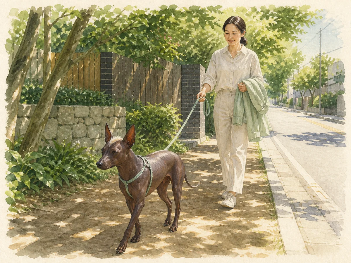 그늘진 길에서 뜨거운 바닥을 피해 걷는 중간형 성견 페루비안 헤어리스 도그 삽화