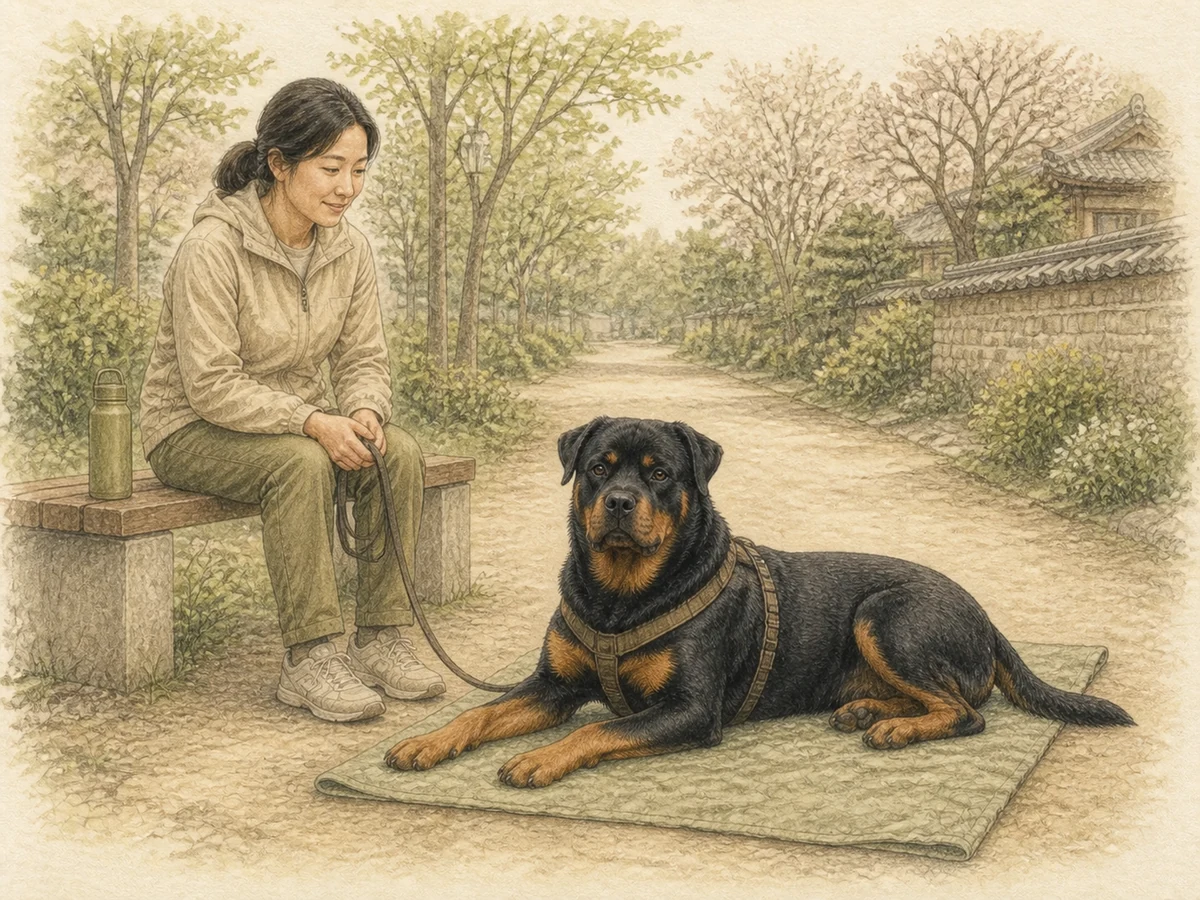 나무 그늘의 평평한 자리에 몸을 펴고 누운 성견 롯트와일러와 곁에 앉은 보호자 삽화
