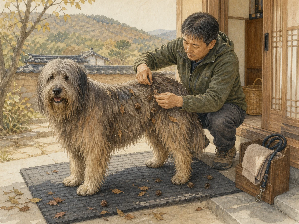 산책 뒤 보호자가 삽살개의 긴 털에서 잔가지와 씨앗을 제거하는 삽화