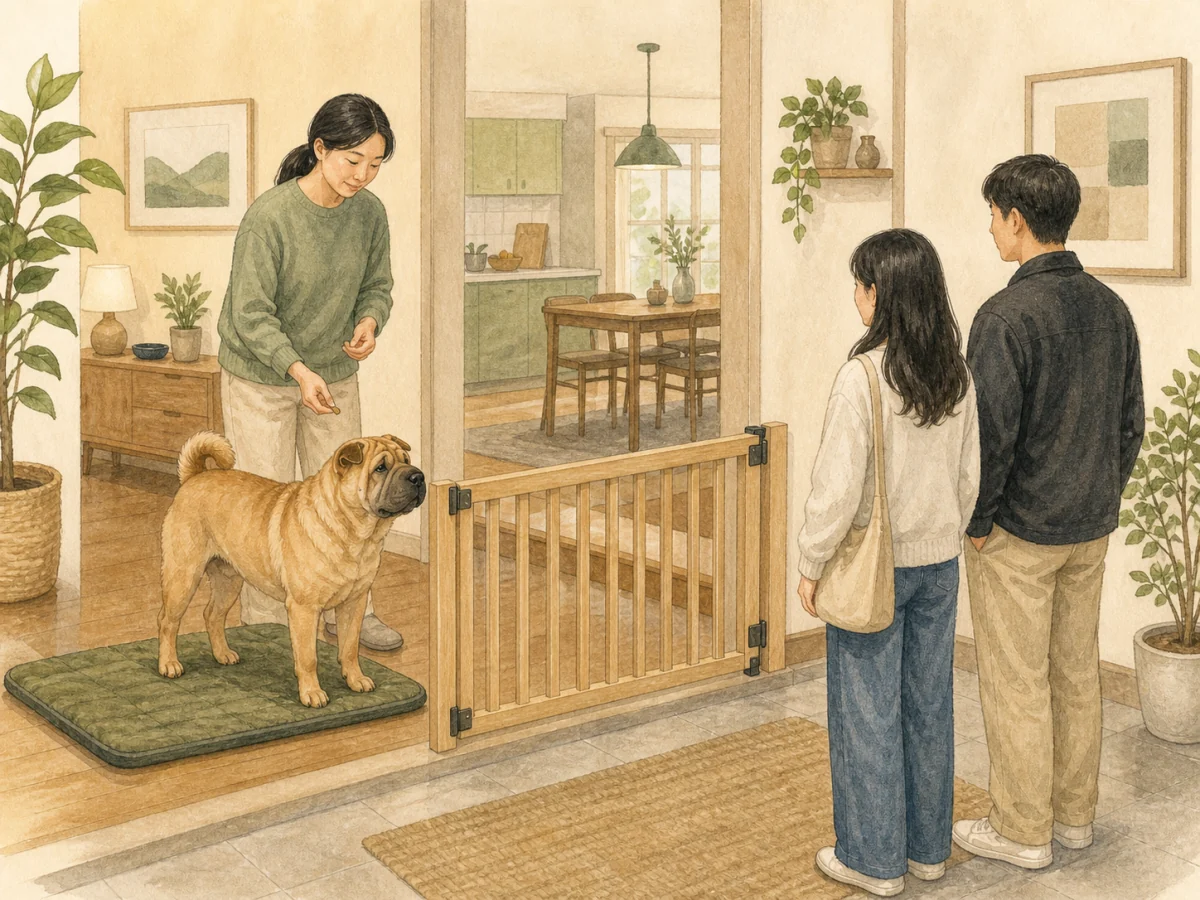 닫힌 안전문 안쪽에서 보호자와 함께 매트에 서고 반대편 방문객과 거리를 둔 성견 황갈색 샤페이 삽화
