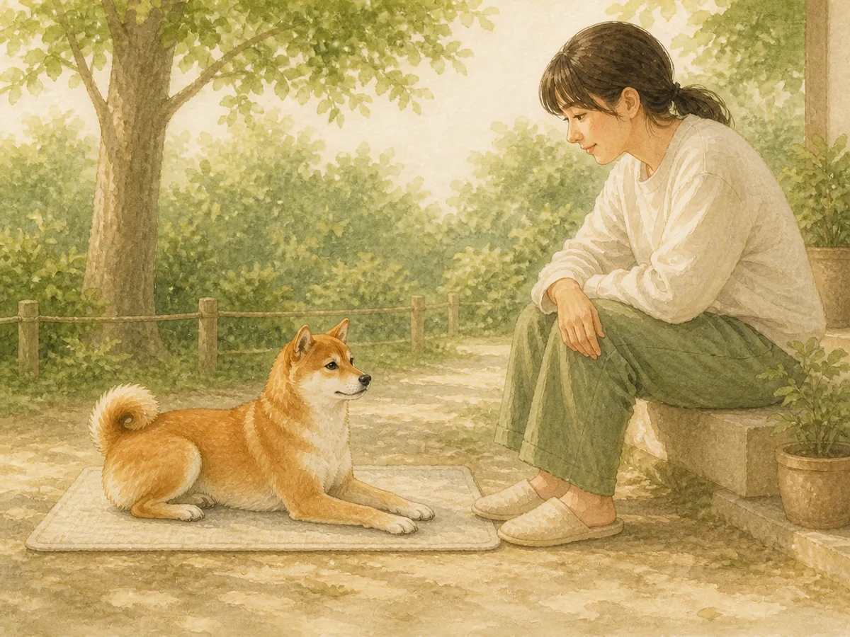 나무 그늘 산책로에 누워 쉬는 적색 성견 시바와 가까이 앉은 보호자 삽화