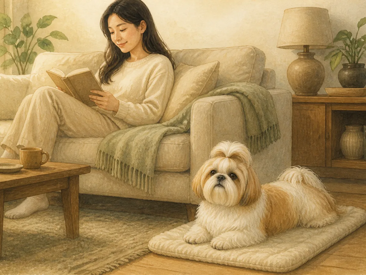 책을 읽는 보호자 곁의 별도 매트에 편안히 엎드린 흰색과 금색의 성견 시츄 삽화