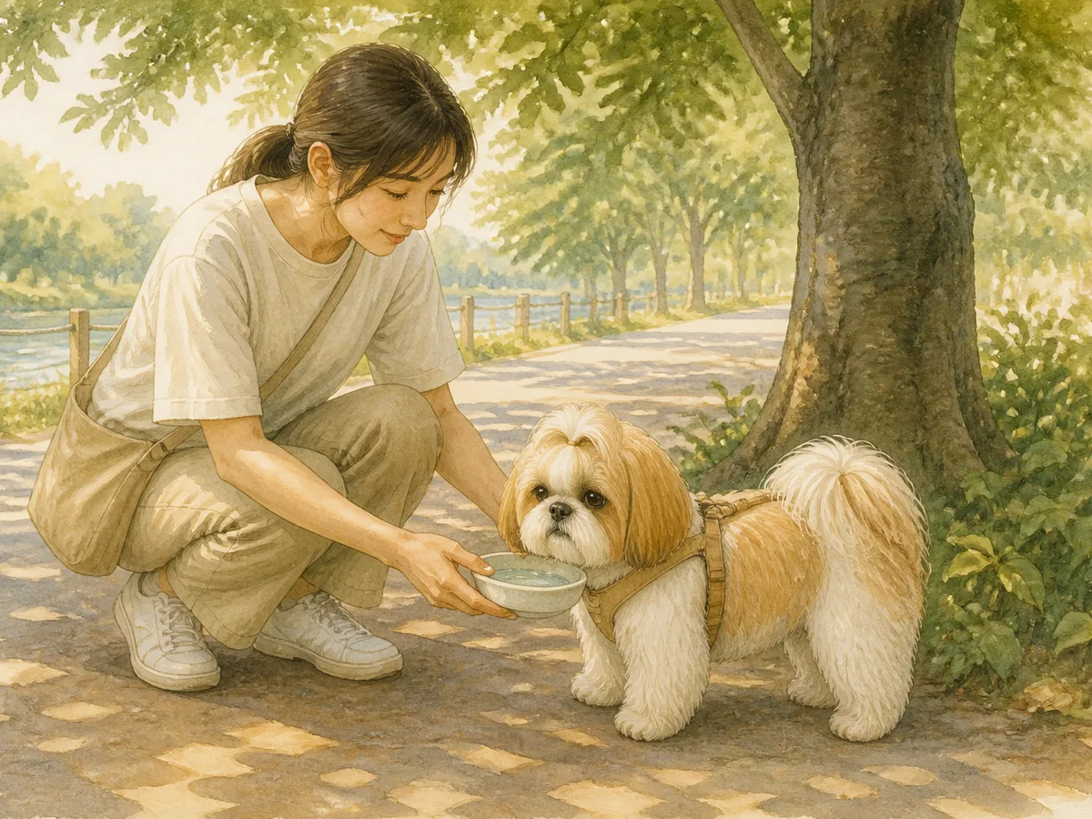 여름 아침 그늘진 산책길에서 보호자가 건넨 물그릇 앞에 편안히 서 있는 성견 시츄 삽화