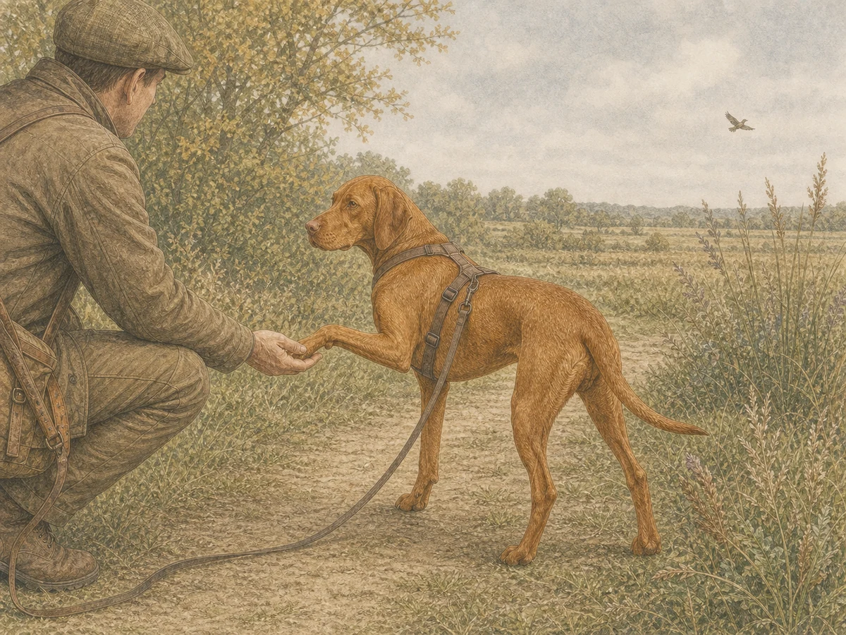 멀리 날아가는 새 대신 긴 리드 안에서 보호자의 손에 앞발을 올리며 방향을 바꾸는 적갈색 성견 비즐라 삽화