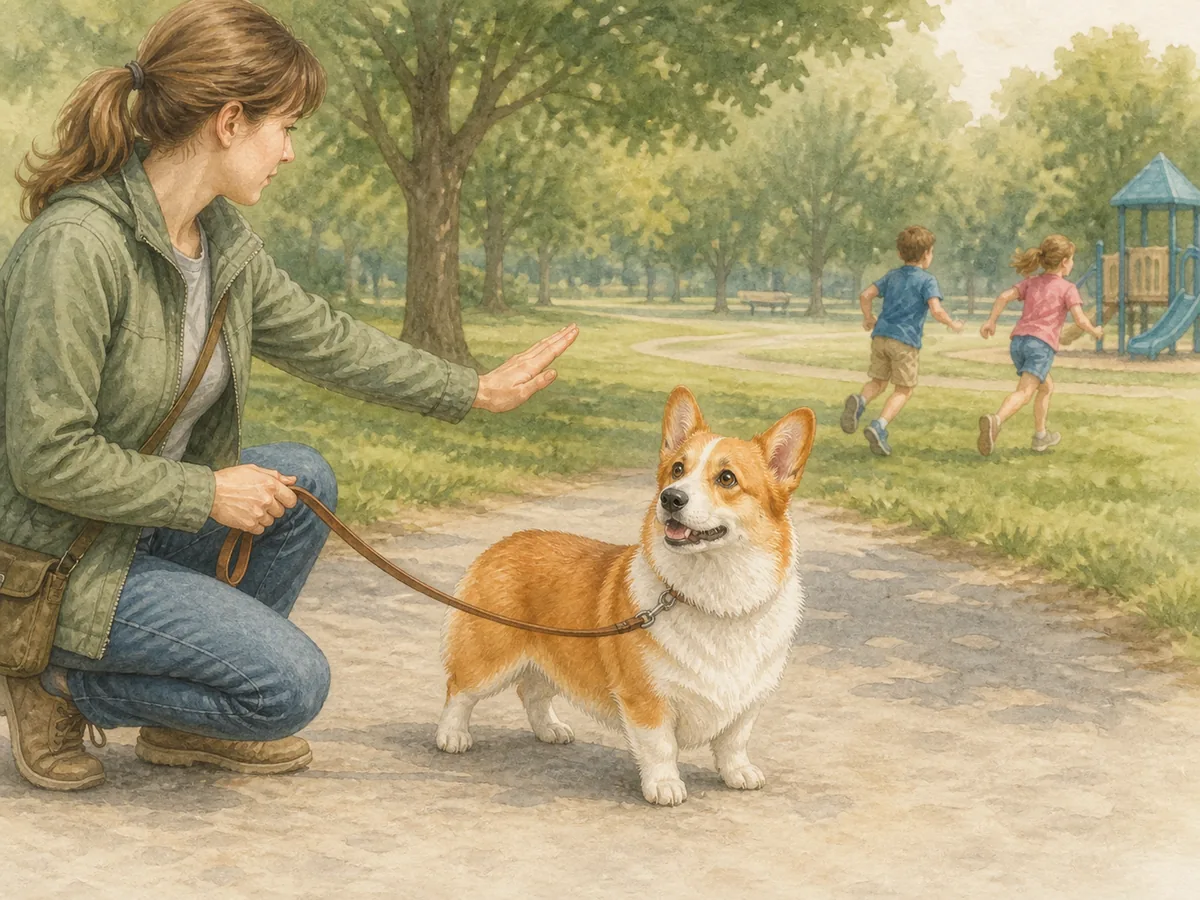 공원에서 멀리 달리는 아이들을 본 뒤 무릎을 낮춘 보호자의 손 신호로 시선을 돌리는 적백색 성견 웰시 코기 펨브로크 삽화